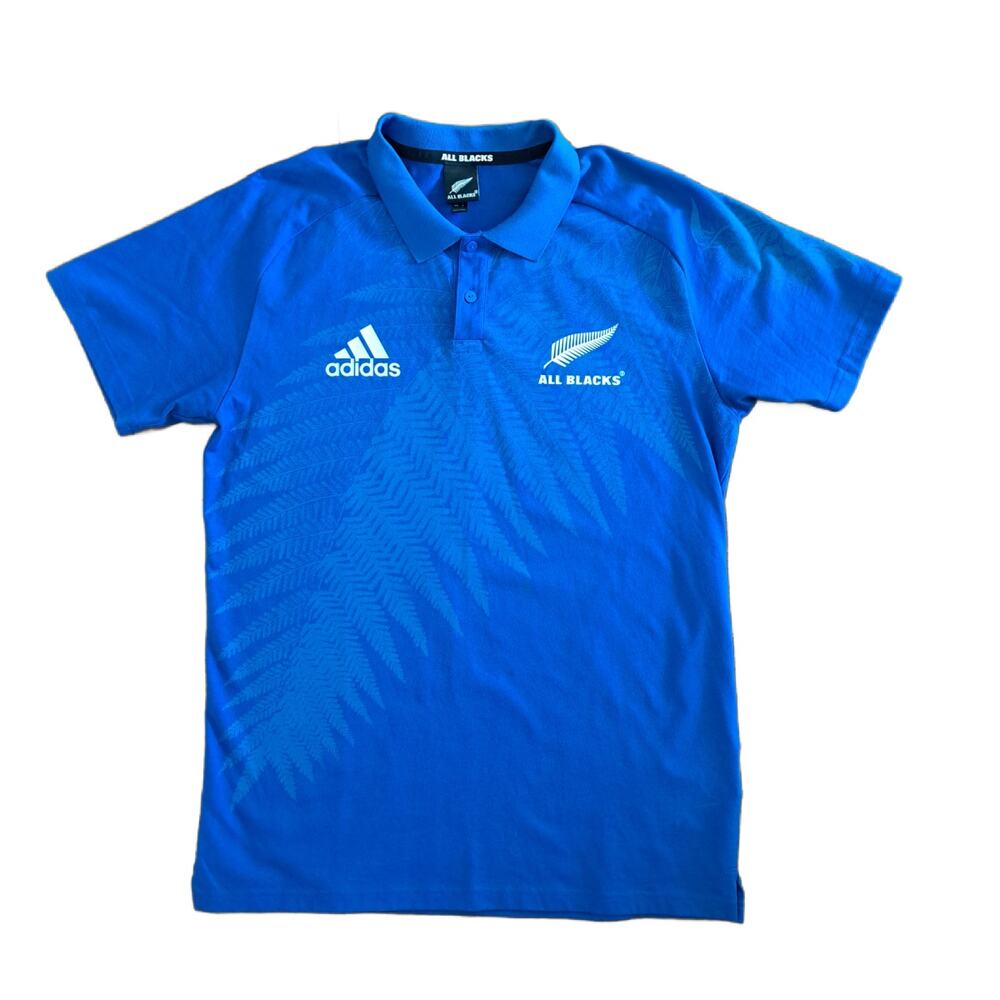 Adidas New Zealand All Blacks Anthem Rugby Polo Shirt Blue Fern Mens Medium